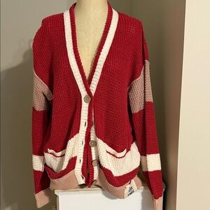 We The Free Red and Cream Women's Cardigan Sweater. Worn one time